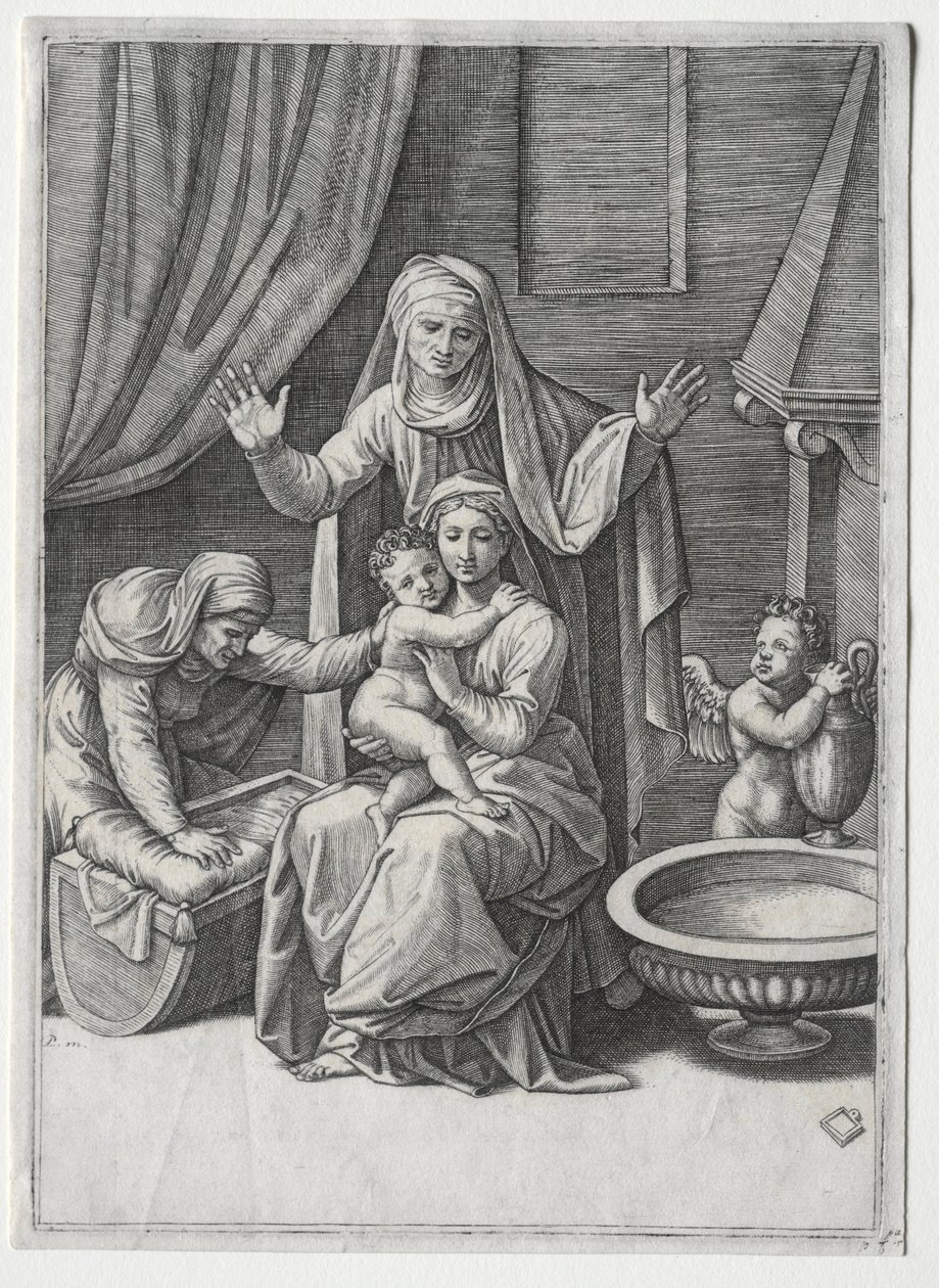 Neitsyt ja kehto Pyhän Elisabetin ja Pyhän Annan kanssa, 1520. tekijältä Marcantonio Raimondi