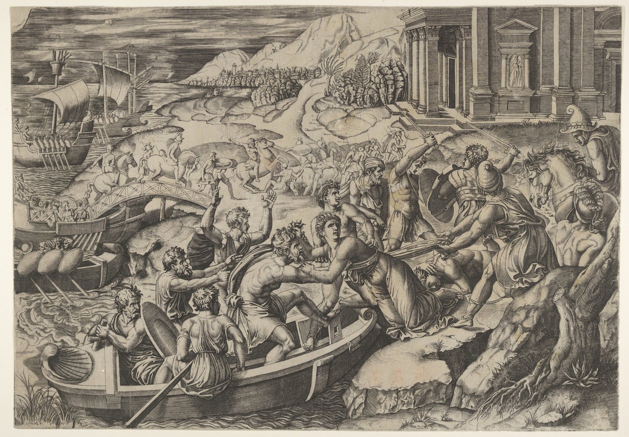 Helenin sieppaus, taistelukohtaus rannalla, jossa kaksi miestä vetää Helenin b..., n. 1520-27. tekijältä Marcantonio Raimondi