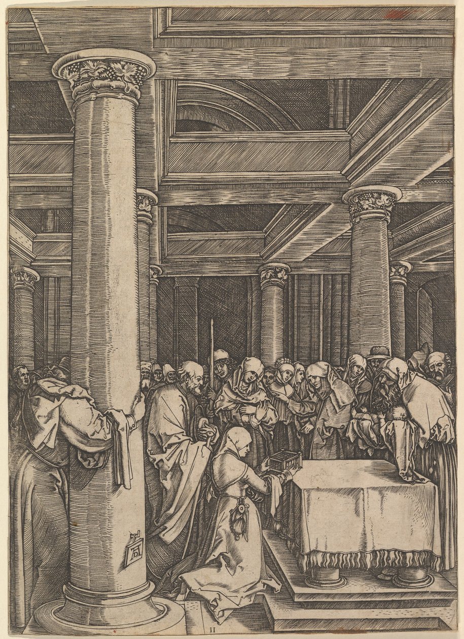Jeesuksen esittely Simeonille temppelissä Dürerin jälkeen, n. 1500-1534. tekijältä Marcantonio Raimondi