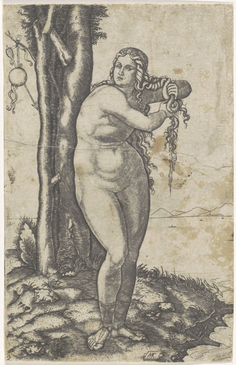 Venus seisoo veden äärellä ja puristaa vettä hiuksistaan Venuksen syntymä tekijältä Marcantonio Raimondi