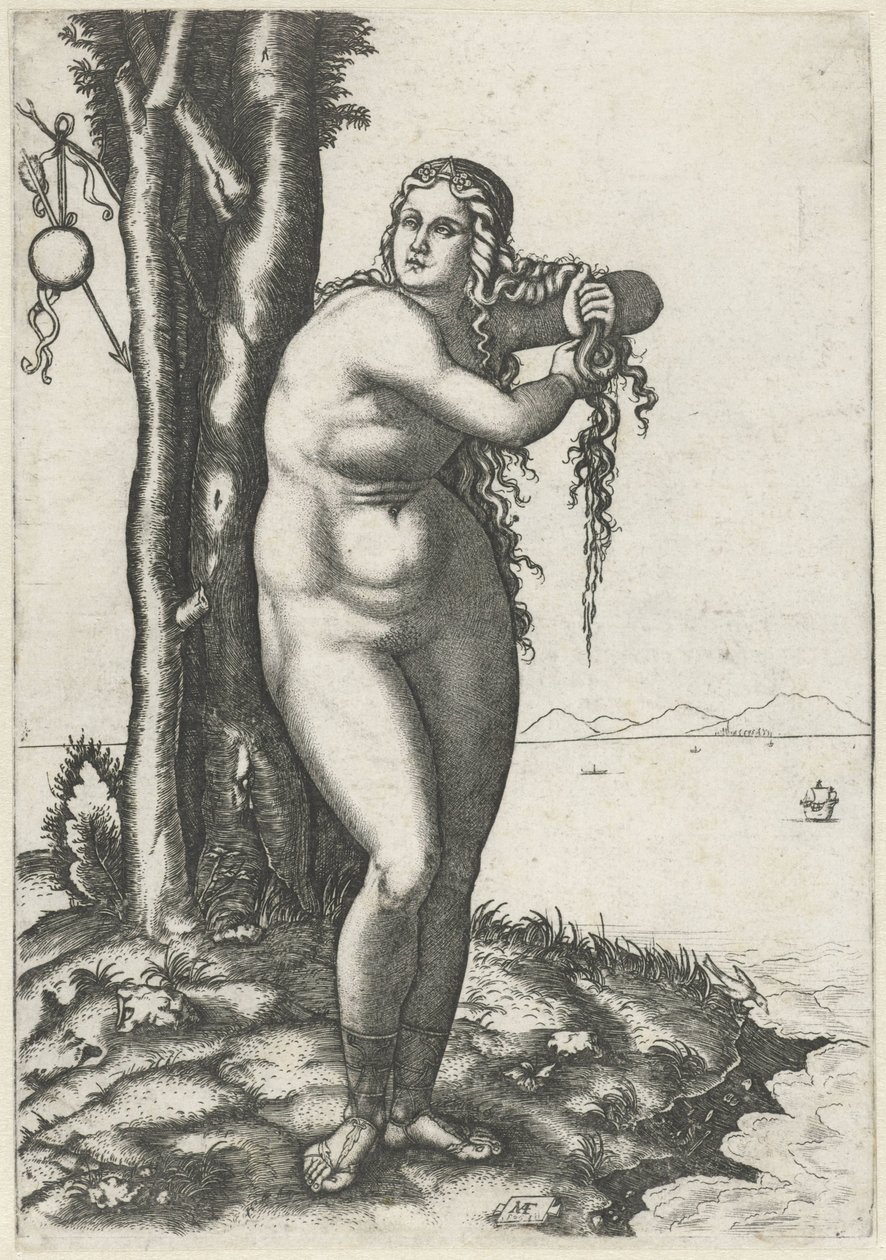 Venus seisoo veden äärellä ja puristaa vettä hiuksistaan Venuksen syntymä tekijältä Marcantonio Raimondi