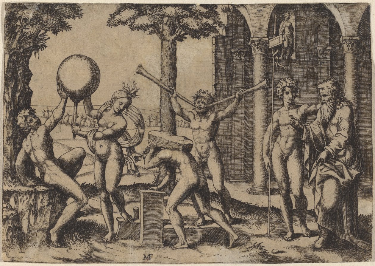 Mies kahdella trumpetilla tekijältä Marcantonio Raimondi after Baccio Bandinelli