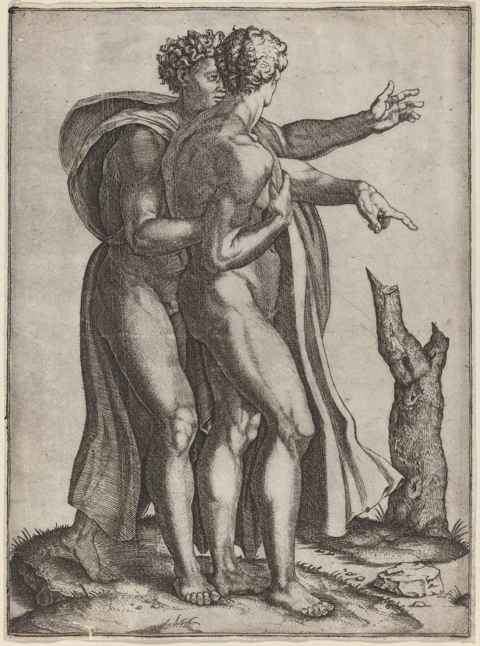 Kaksi alaston miestä tekijältä Marcantonio Raimondi after Michelangelo