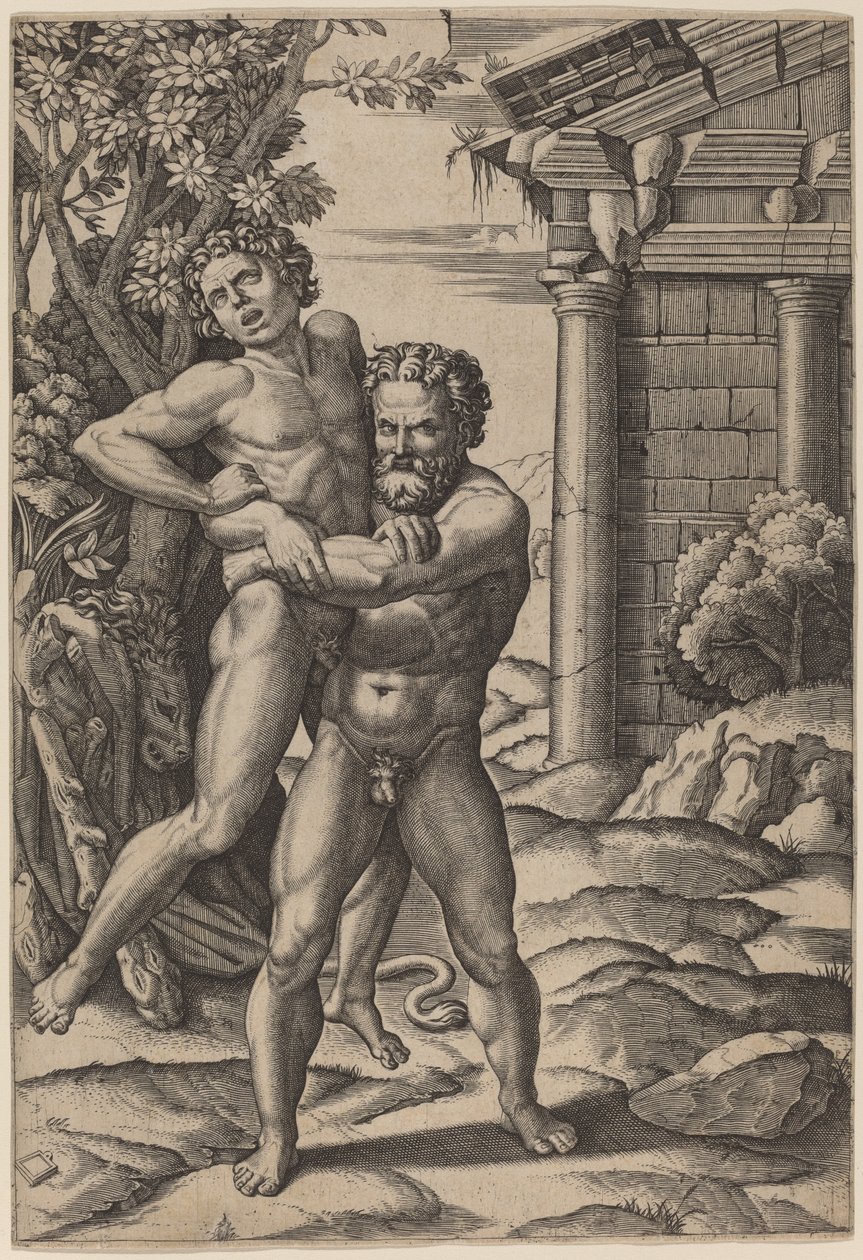 Hercules ja Antaeus tekijältä Marcantonio Raimondi, after Raphael