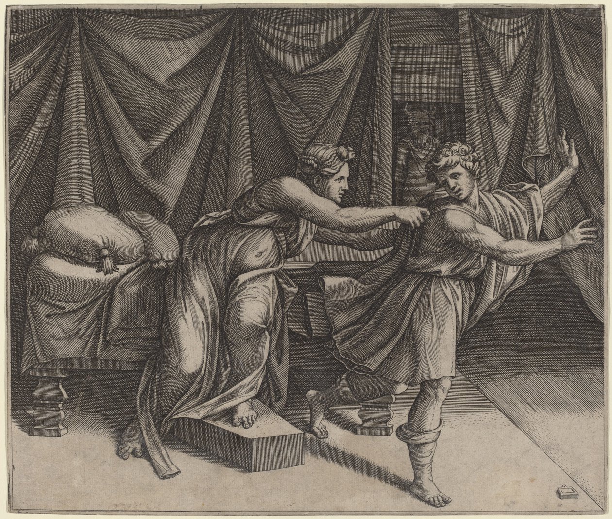 Joosefin ja Potifarin vaimo tekijältä Marcantonio Raimondi after Raphael