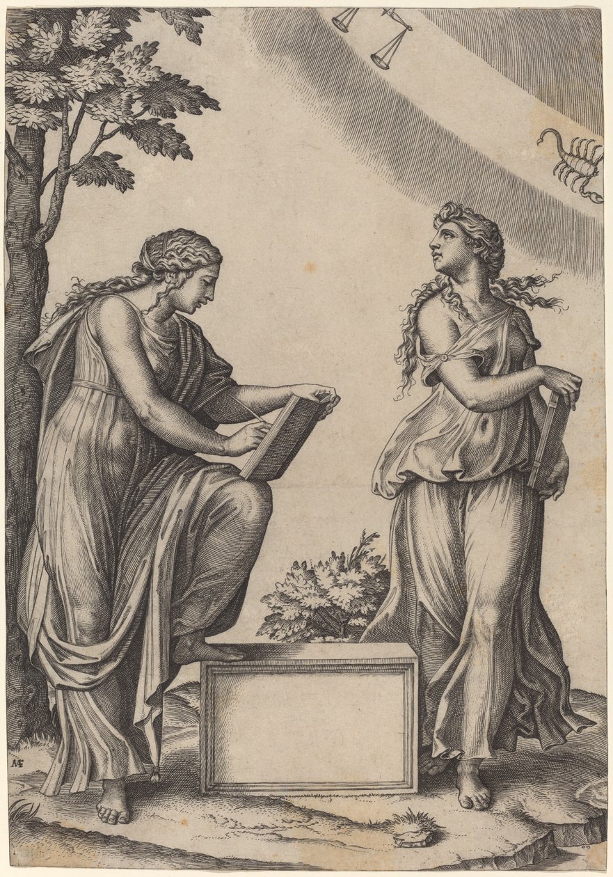 Kaksi naista, joilla on horoskooppi tekijältä Marcantonio Raimondi after Raphael