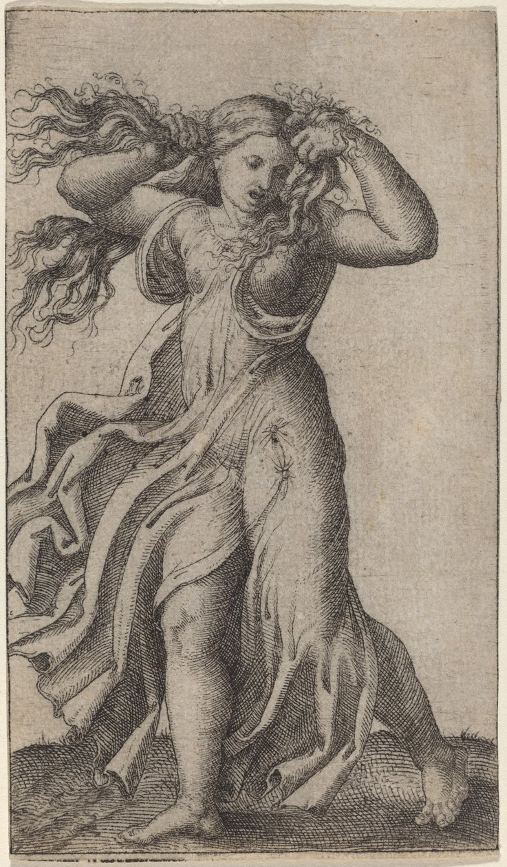 Nainen vetää hiuksiaan tekijältä Marcantonio Raimondi possibly after Francesco Francia