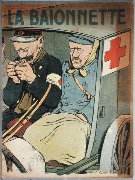Karikatyyri ambulanssista, La Baionnetten etukansi, 28. kesäkuuta 1917 tekijältä Marcel Amable O.L. Capy