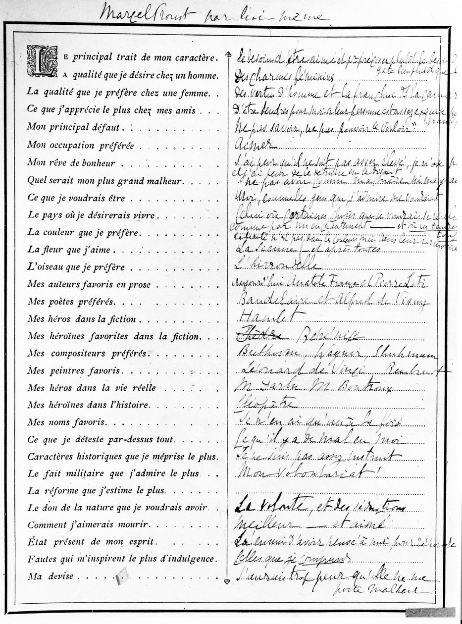Marcel Proustin täyttämä kyselylomake, 1890 (kynä, muste ja painettu paperi) tekijältä Marcel Proust