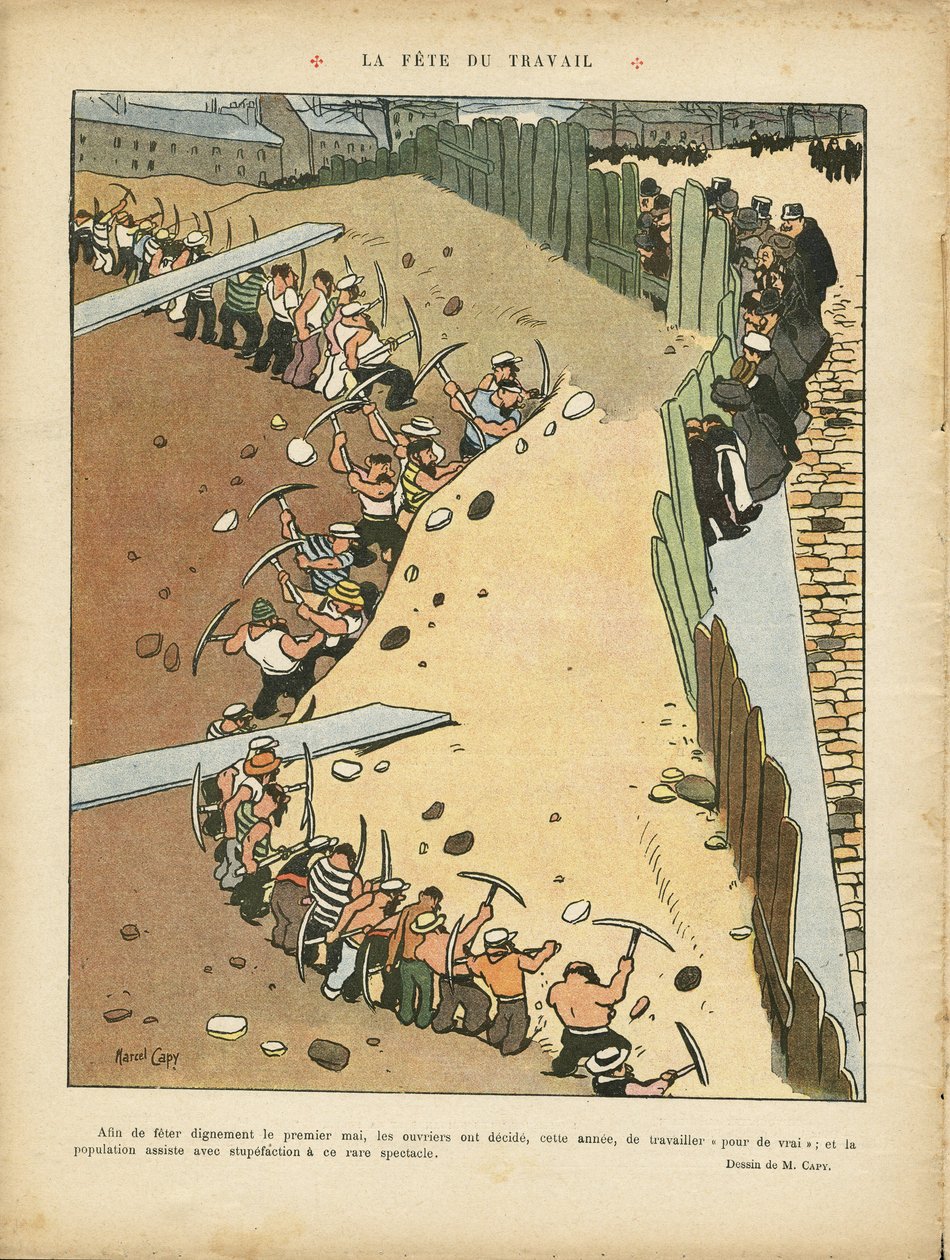 Kuvitus Marcel Capy (1865-1941) Le Riressa, 27.04.12 - Vapunpäivä - Arkkitehtuuri kaupunkisuunnittelu, työ, 1. toukokuuta - Terrassiers tekijältä Marcel Amable O.L. Capy