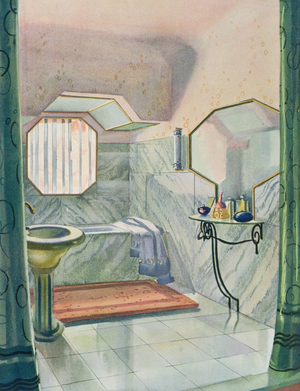 Marcel Dalmasin suunnittelema kylpyhuone, "Interieurs en Couleurs", julkaistu 1925 (väri litho) tekijältä Marcel Dalmas