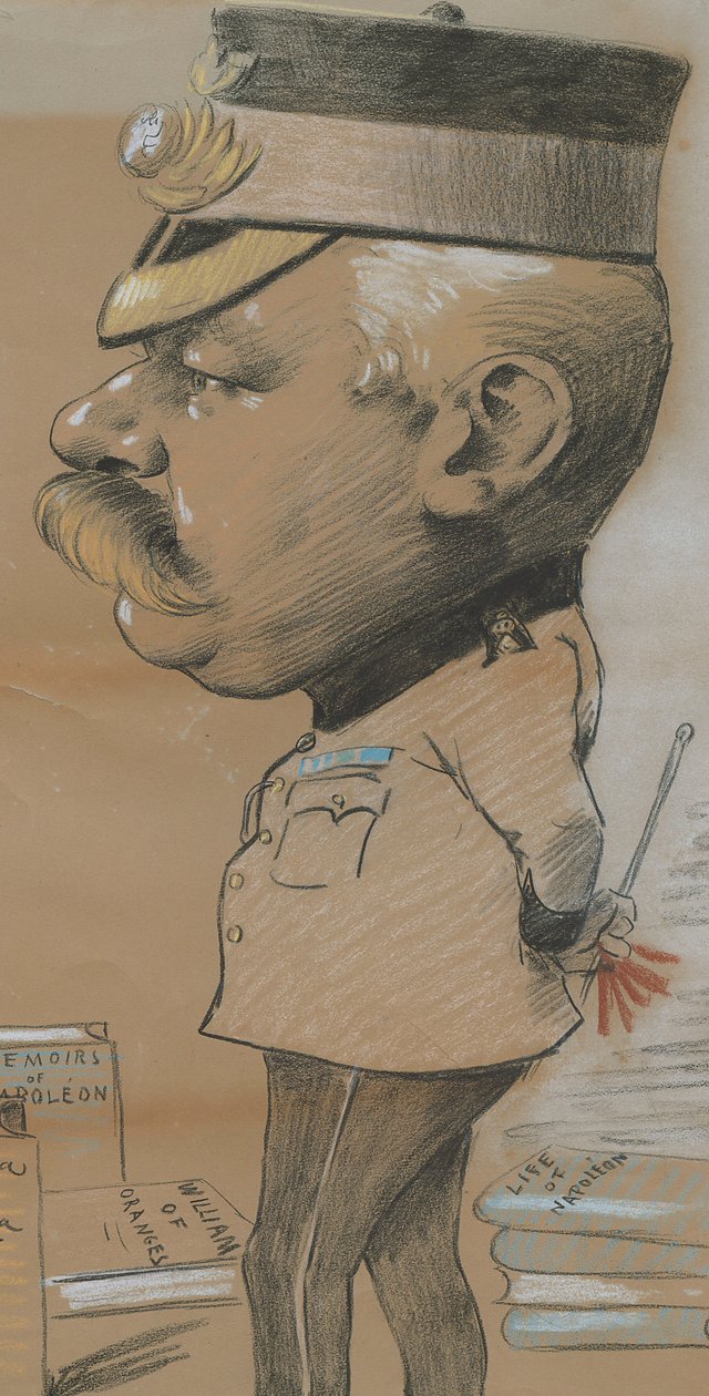 Karikatyyri tuntemattomasta merijalkaväen kevyen jalkaväen everstiluutnantista, 1893 (väriliitu paperille). tekijältä Marcel Pic
