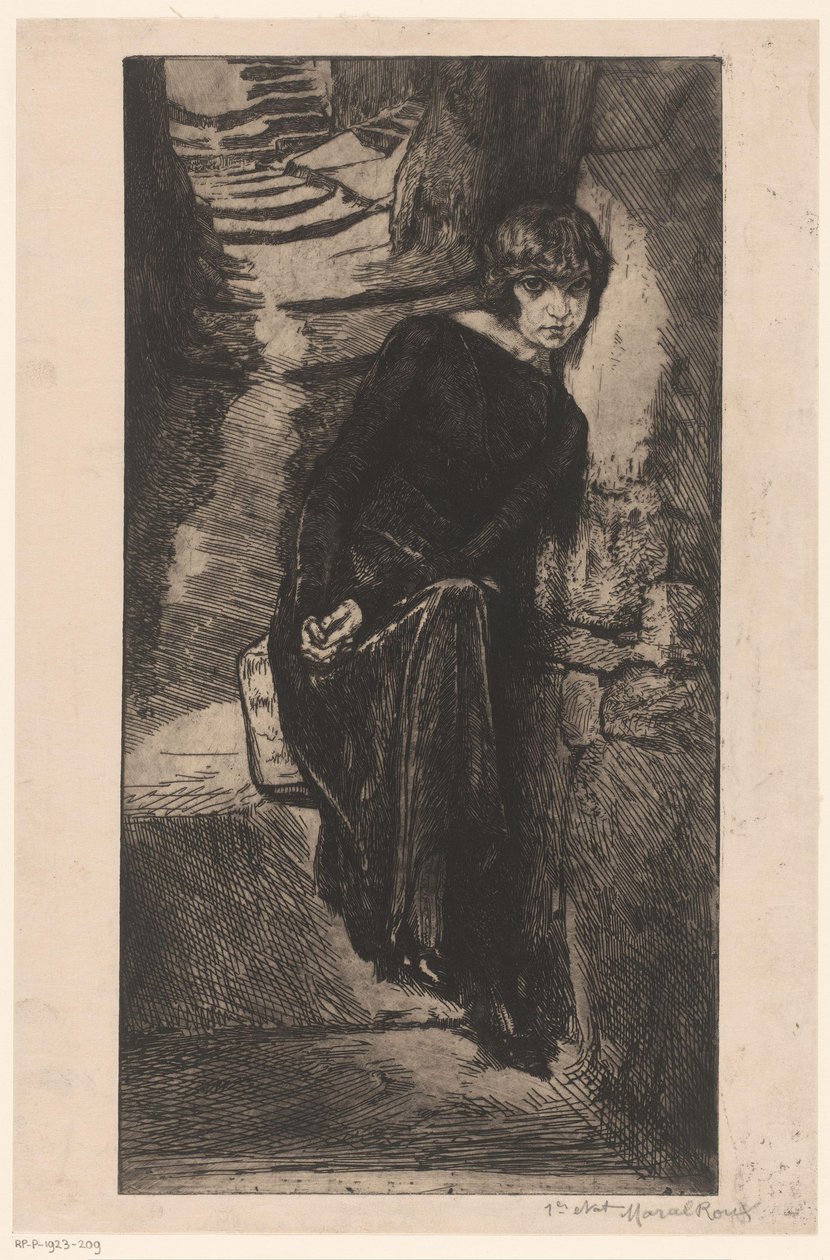Mustaan ​​pukeutunut nainen nojaa seinää vasten Misère de misère (otsikko esineessä) Girl of ilo (sarjan nimi) Fille de Joie (sarjan nimi esineellä) tekijältä Marcel Roux (signed by artist)