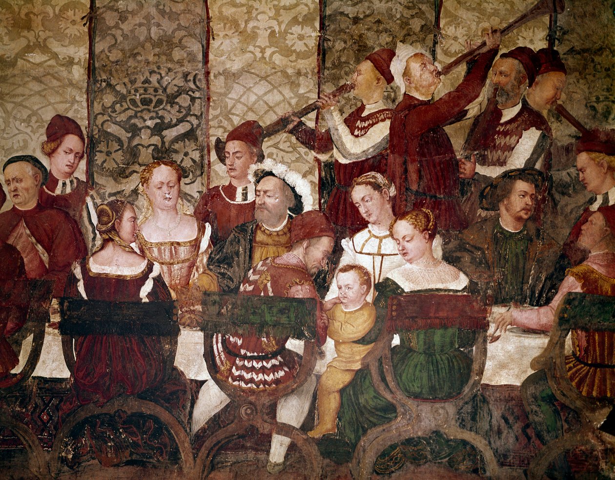 Tanskan kuningas Christian I Bartolomeo Colleonin isännöimässä juhlassa. Kutsujen yksityiskohta (fresko, n. 1480) tekijältä Marcello Fogolino