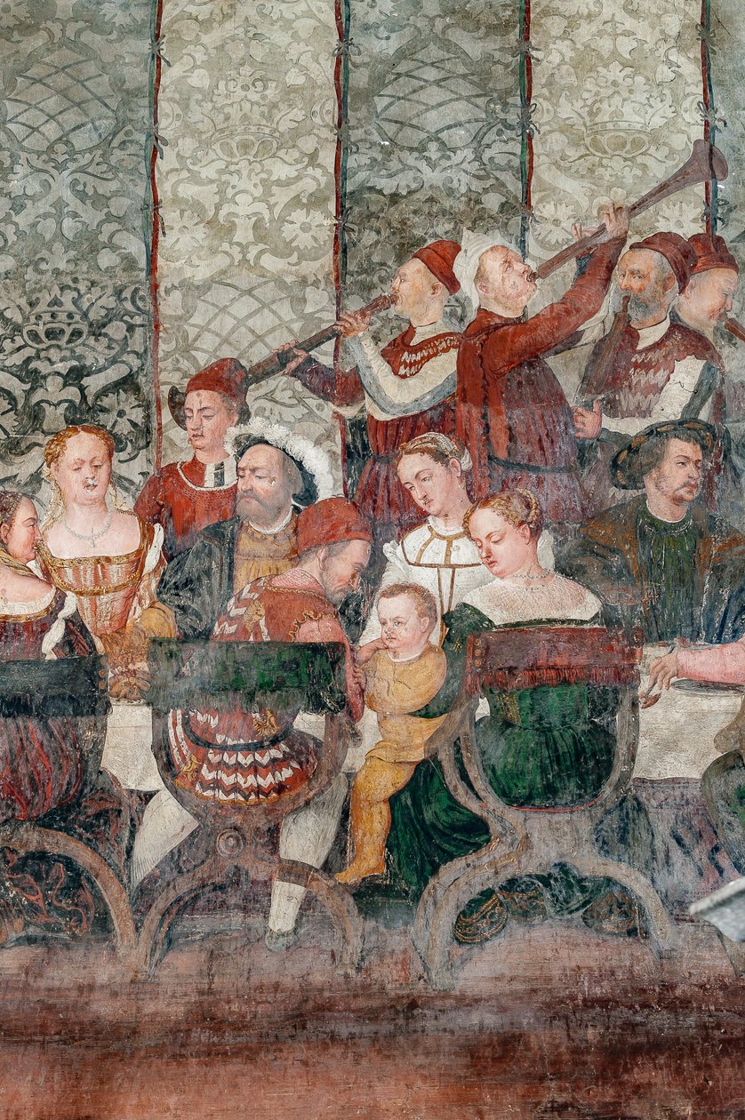 Juhla, yksityiskohta Christian I:n tanskalaisen vierailusta Bartolomeo Colleonin kunniahuoneeseen tekijältä Marcello or Romani Girolamo (Romanino) (c.1485 c.1566) (attr.to) Fogolino