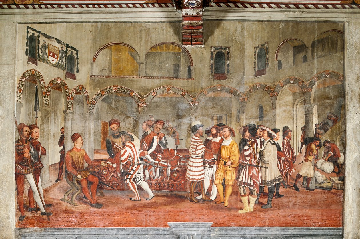 Metsästyskohtaus, yksityiskohta tanskalaisen Christian I:n vierailusta Bartolomeo Colleonin kunniahuoneeseen tekijältä Marcello or Romani Girolamo (Romanino) (c.1485 c.1566) (attr.to) Fogolino