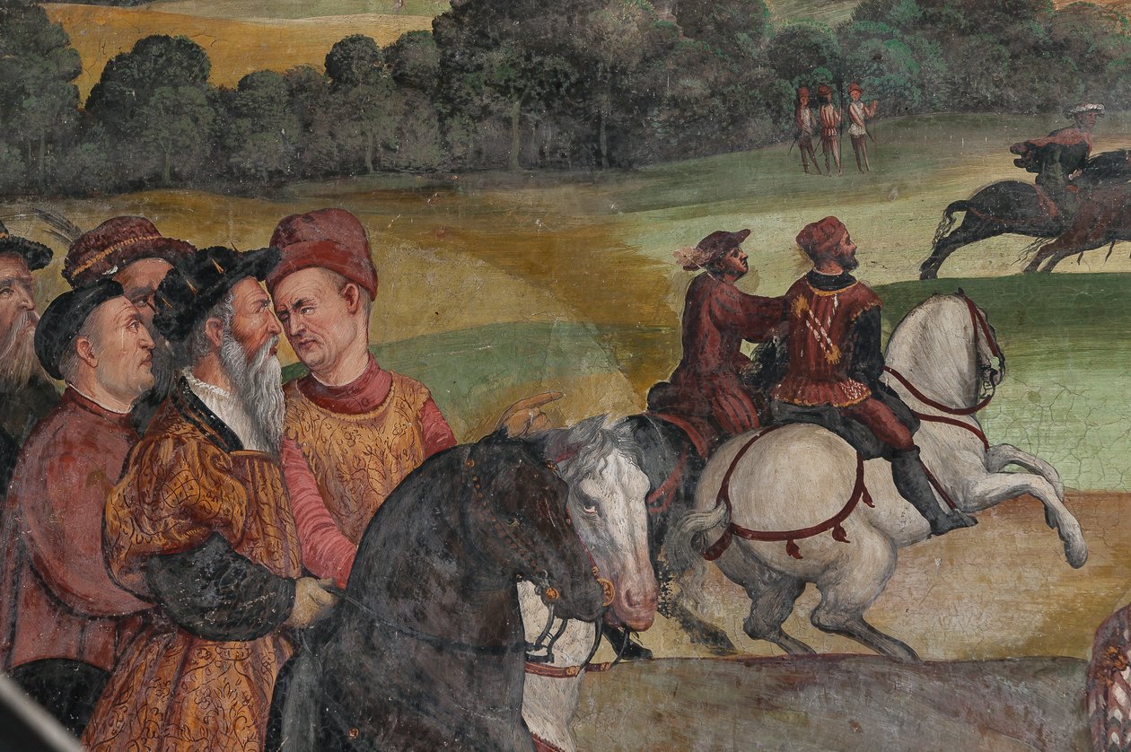 Metsästyskohtaus, yksityiskohta tanskalaisen Christian I:n vierailusta Bartolomeo Colleonin kunniahuoneeseen tekijältä Marcello or Romani Girolamo (Romanino) (c.1485 c.1566) (attr.to) Fogolino