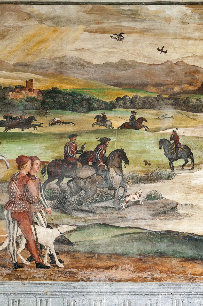 Metsästyskohtaus, yksityiskohta tanskalaisen Christian I:n vierailusta Bartolomeo Colleonin kunniahuoneeseen tekijältä Marcello or Romani Girolamo (Romanino) (c.1485 c.1566) (attr.to) Fogolino