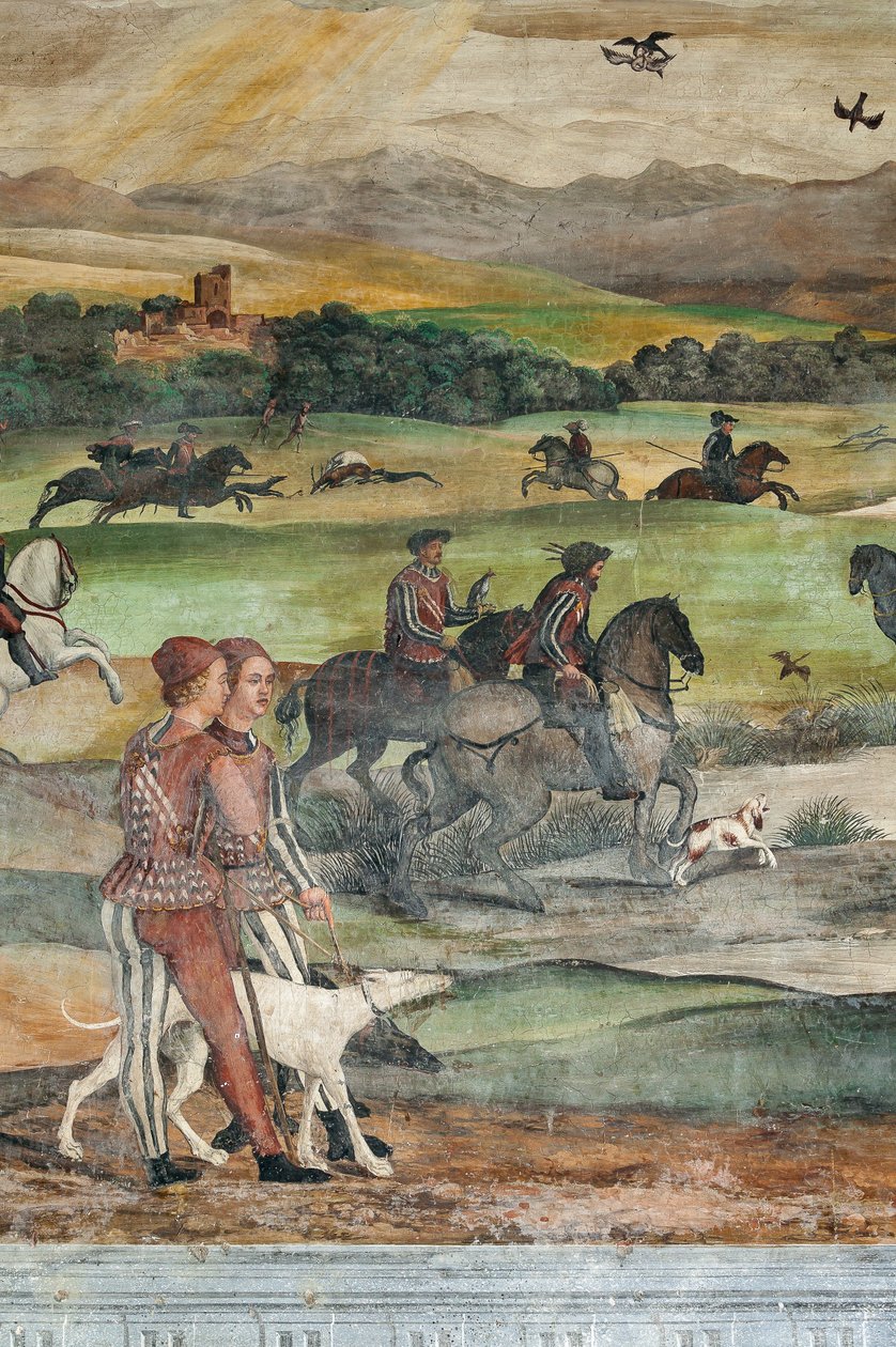 Metsästyskohtaus, yksityiskohta tanskalaisen Christian I:n vierailusta Bartolomeo Colleonin kunniahuoneeseen tekijältä Marcello or Romani Girolamo (Romanino) (c.1485 c.1566) (attr.to) Fogolino