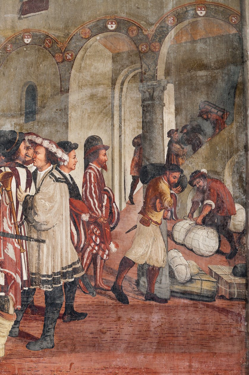 Metsästyskohtaus, yksityiskohta tanskalaisen Christian I:n vierailusta Bartolomeo Colleonin kunniahuoneeseen tekijältä Marcello or Romani Girolamo (Romanino) (c.1485 c.1566) (attr.to) Fogolino
