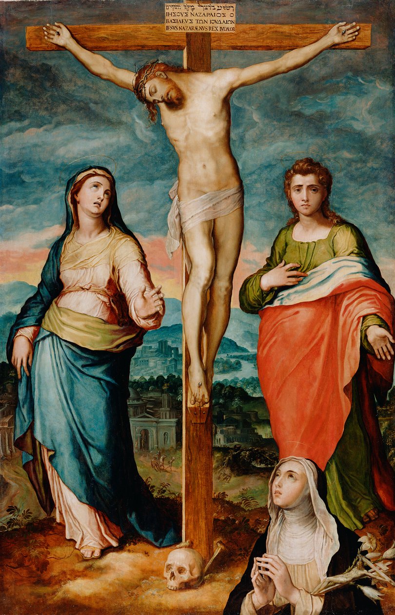 Kristus ristillä pyhien Marian, evankelista Johannes ja Katariina Sienan kanssa, n. 1570 tekijältä Marco Pino