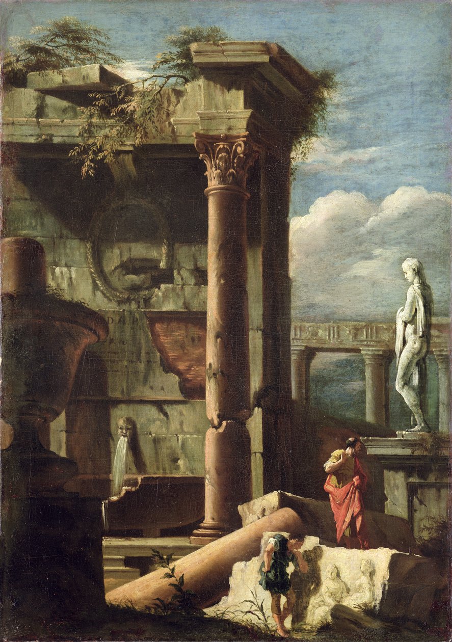 Muinainen rakennus patsas ja koristefiguurit, 1720-25 tekijältä Marco Ricci