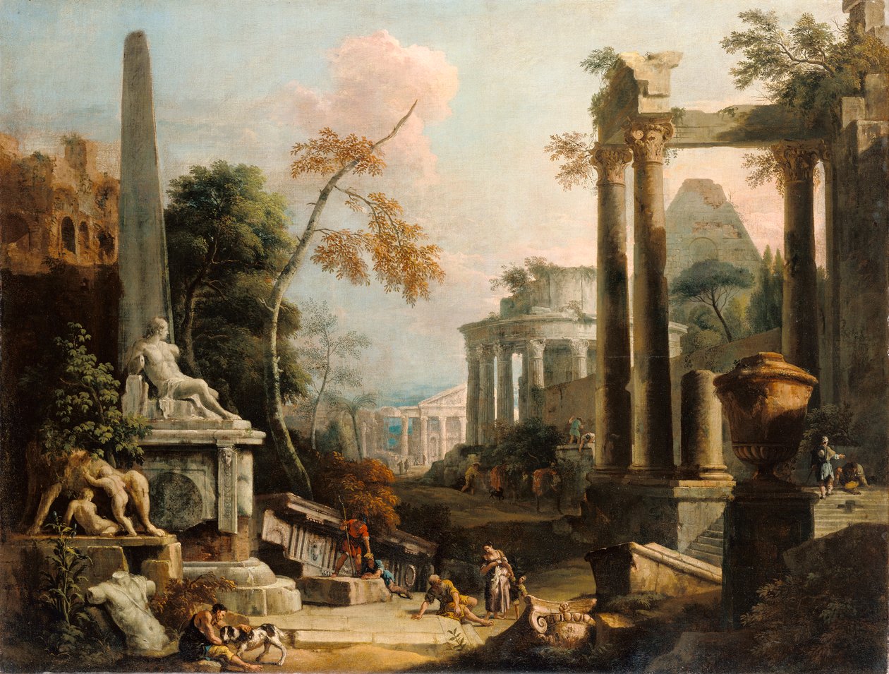 Maisema klassisten raunioiden ja hahmojen kanssa, n. 1725-30 tekijältä Marco Ricci