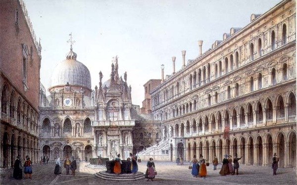 Palazzo Ducalen piha, Venetsia, kaiverrus Brizeghel (litho) tekijältä Marco (after) Moro