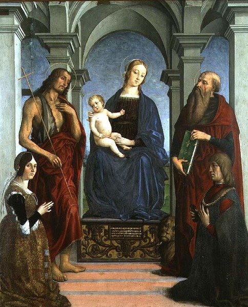 Madonna and Child with St. Jerome and St. John the Baptist and Donors (panel)finn tekijältä Marco (attr. to) Meloni