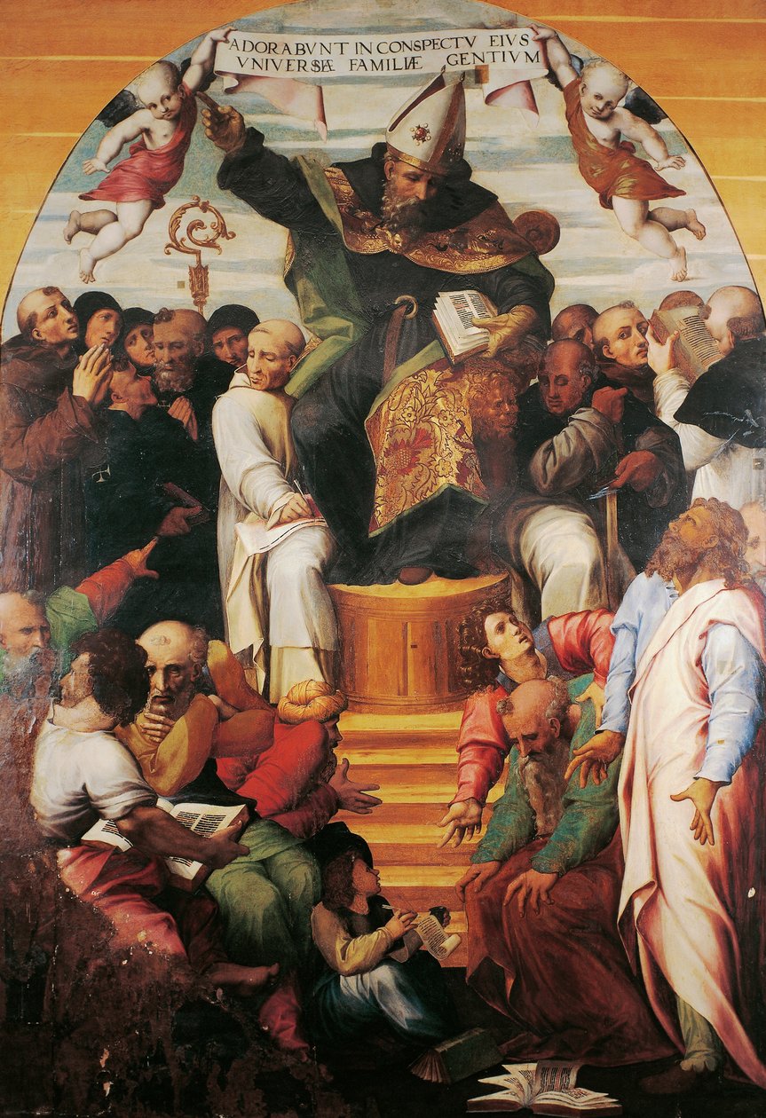 Pyhä Augustinus kirkkaudessa riitelemässä harhaoppisten kanssa, kirjoittanut Marco Cardisco (noin 1486-1542) tekijältä Marco (c.1486 1542) Cardisco