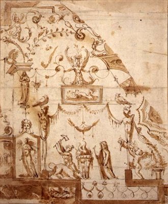 Suunnittelu groteskiin kattoon (kynä ja seepiamuste paperille) tekijältä Marco (fl.1565 88) (circle of) Marchetti