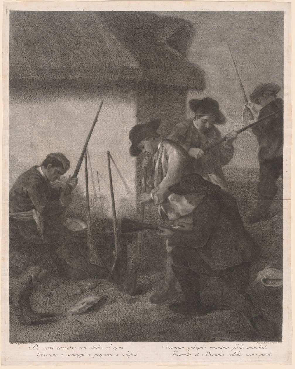 De Servi Cacciator... (Palvelijoita valmistelemassa aseita metsästystä varten) tekijältä Marco Alvise Pitteri after Pietro Longhi