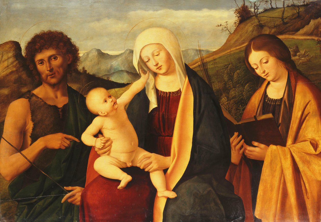Madonna ja lapsi, Pyhän Johannes Kastajan ja naispuolisen pyhän kanssa, tekijältä Marco Basaiti