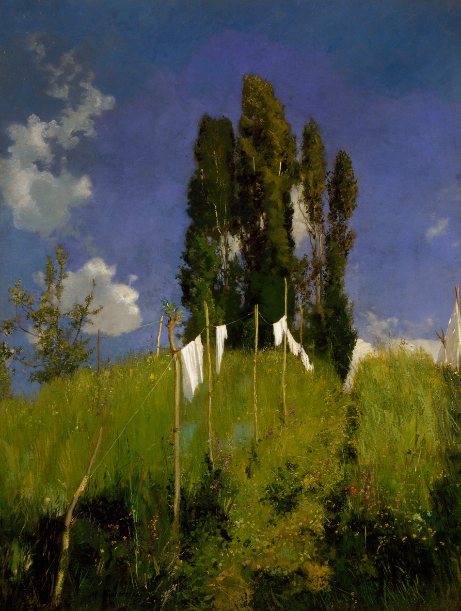 Pesujen niitty, 1800-luvun viimeinen neljännes, Marco Calderini (1850-1941), öljy kankaalle, 65x51 cm. Italia tekijältä Marco Calderini