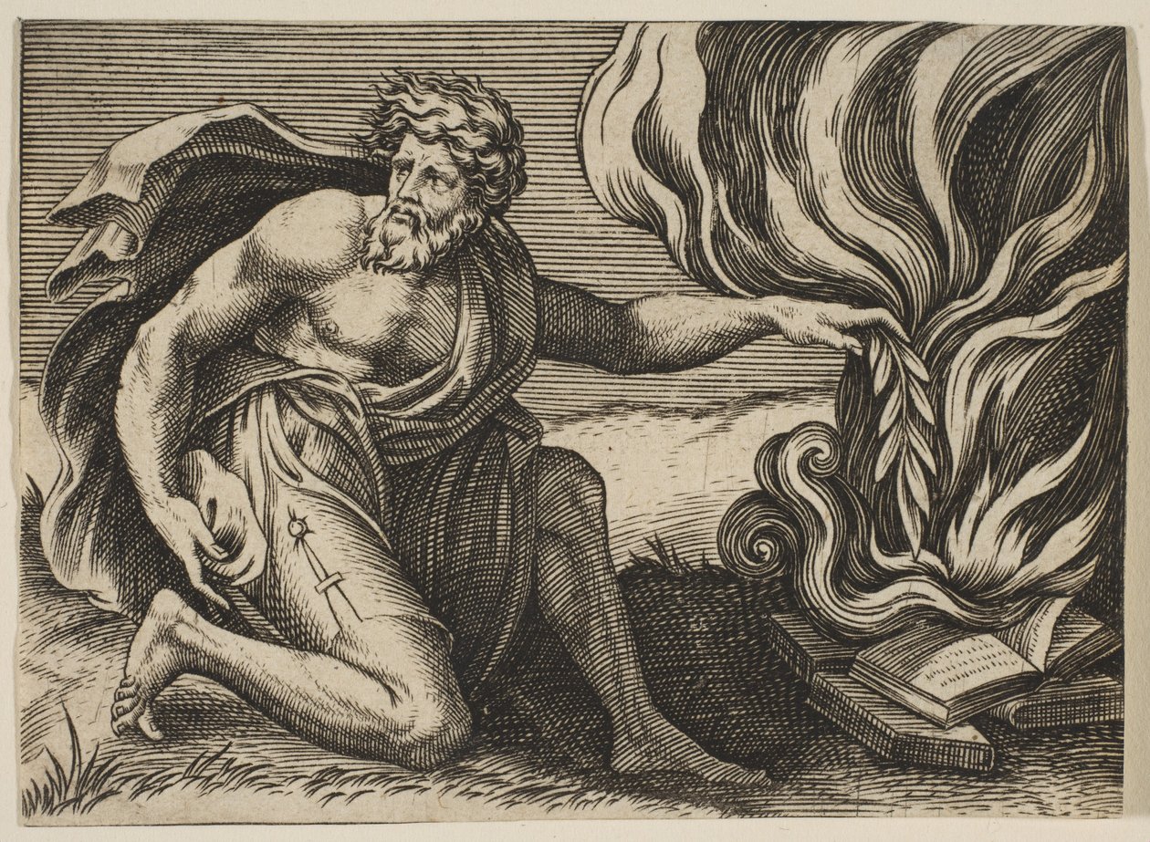 Mies polvistuu ja asettaa laakerinoksan palavien kirjojen pinon päälle, n. 1515-27. tekijältä Marco Dente