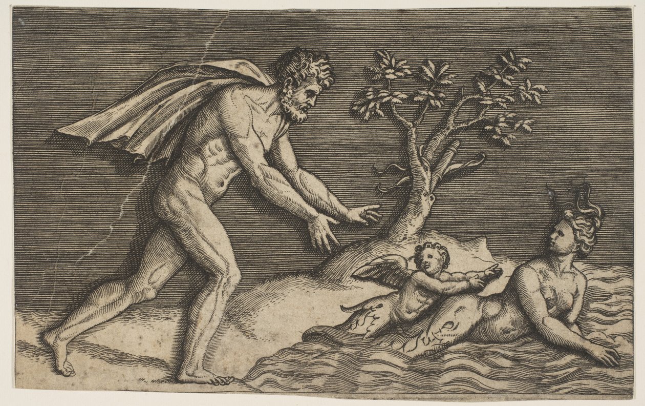 Alaston mies puristamassa naidia ja amoria veteen, n. 1515-27. tekijältä Marco Dente