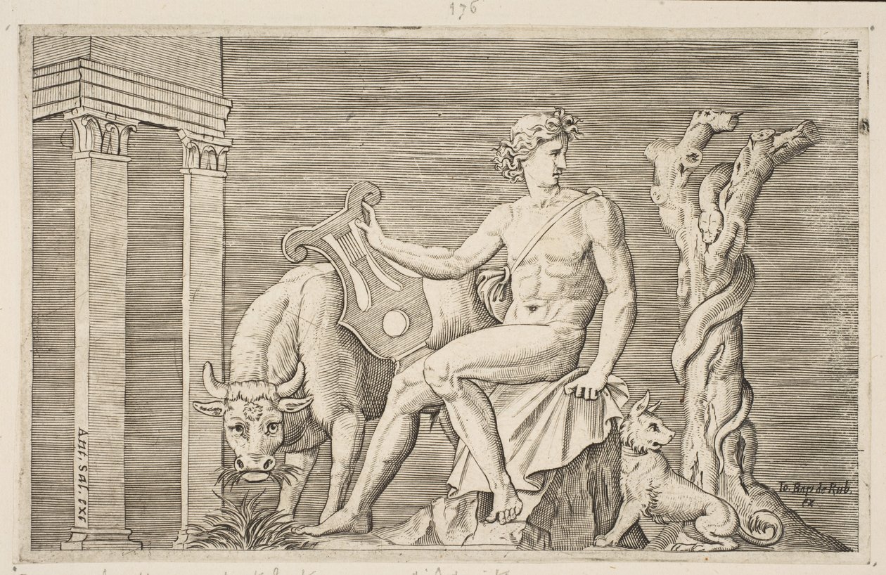 Apollo hoitaa Admetuksen parvia, Apollo istui kädessään lyyraa ja hänen vieressään..., n. 1515-27. tekijältä Marco Dente