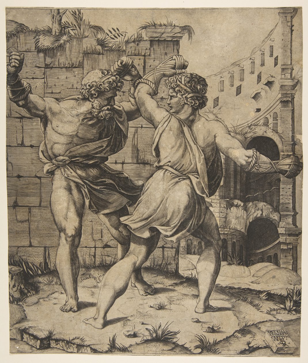 Entellis ja Dares taistelevat klassisten raunioiden edessä, 1520-25. tekijältä Marco Dente
