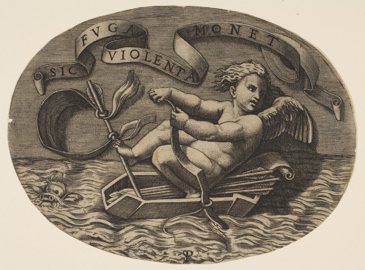 Eros pakenee meritse käyttäen keulaansa ajaakseen nuoresta valmistettua venettä..., n. 1515-27. tekijältä Marco Dente