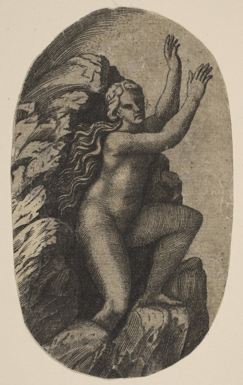 Eurydice alasti seisomassa kivellä, kädet kohotettuina oikealle, n. 1515-27. tekijältä Marco Dente