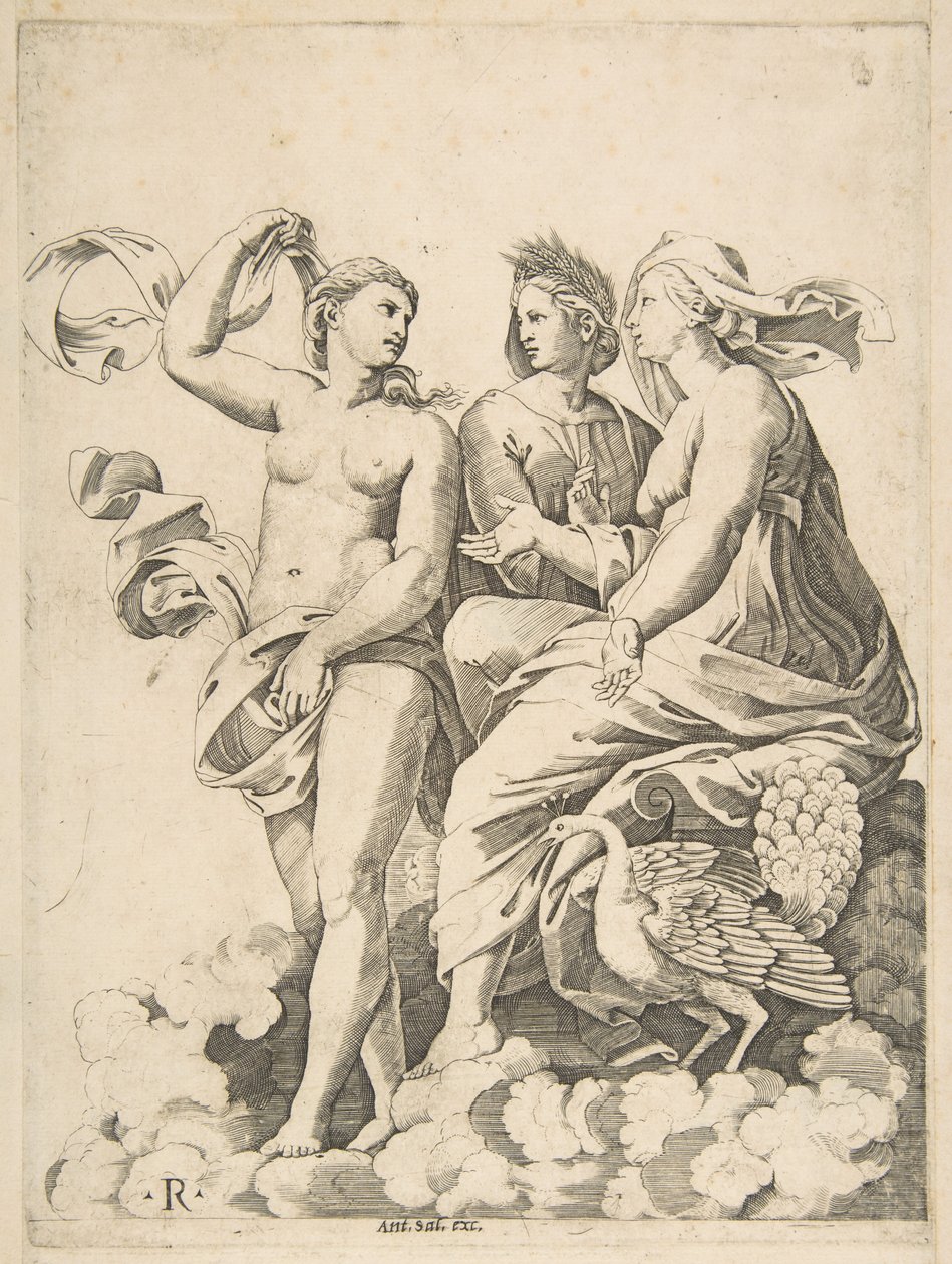 Juno, Ceres ja Psyche pilvissä keskustelemassa, Juno istuu riikinkukon kanssa..., n. 1515-27. tekijältä Marco Dente