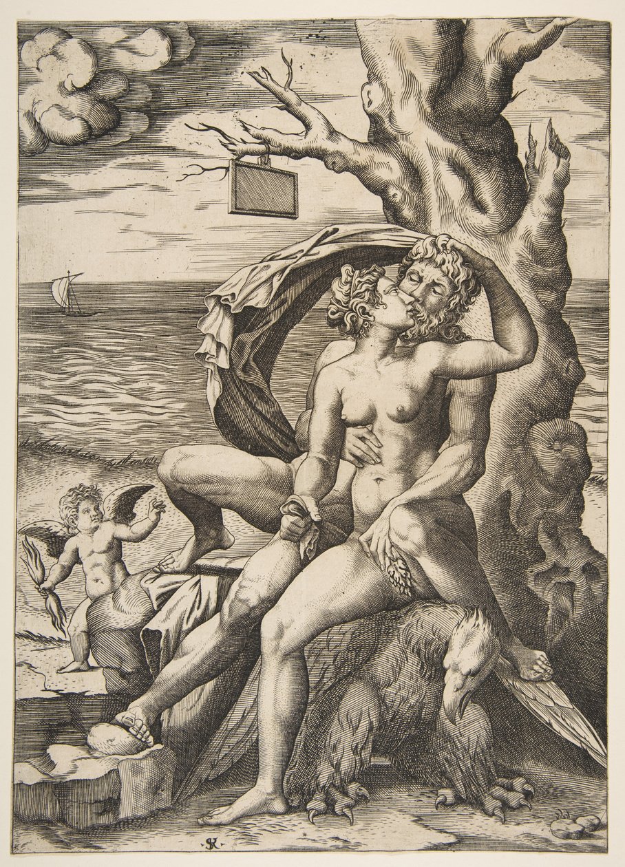 Jupiter ja Semele halaavat, kotka alla, puu oikealla tyhjällä t..., n. 1515-27. tekijältä Marco Dente