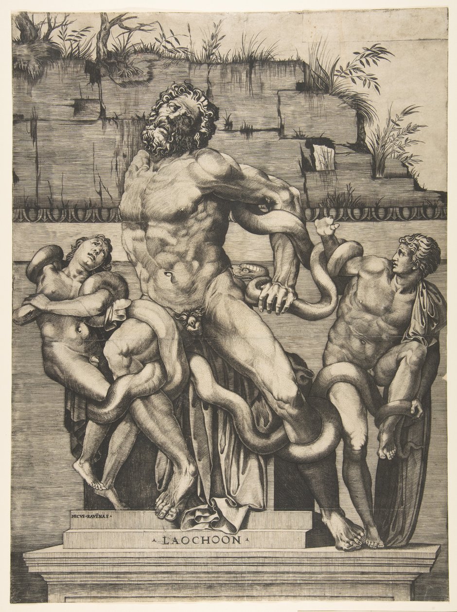 Käärmeet hyökkäsivät Laocoönin ja hänen poikiensa kimppuun, n. 1515-27. tekijältä Marco Dente
