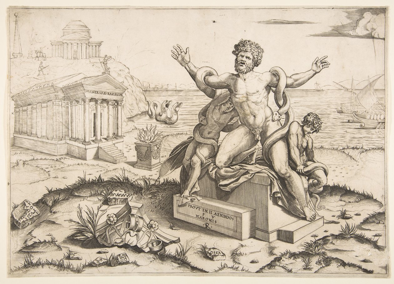 Käärmeet hyökkäävät Laocoöniin ja hänen kahteen poikaansa jalustalle, Mi...n temppeliin, n. 1515-27. tekijältä Marco Dente