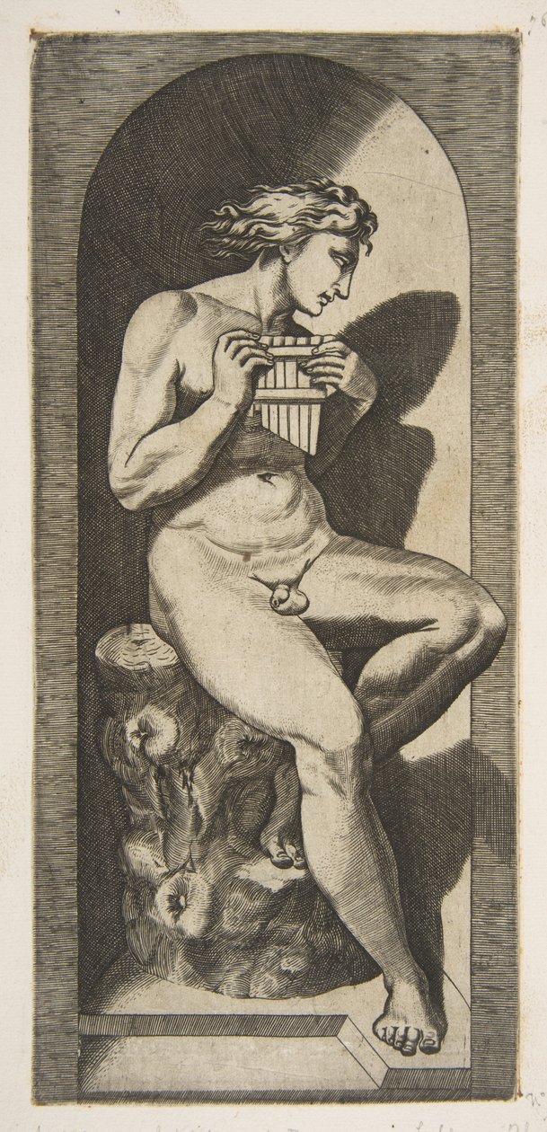 Olympus alasti istuu kannolla pitäen putkia, asetettu nicheyn, n. 1515-27. tekijältä Marco Dente