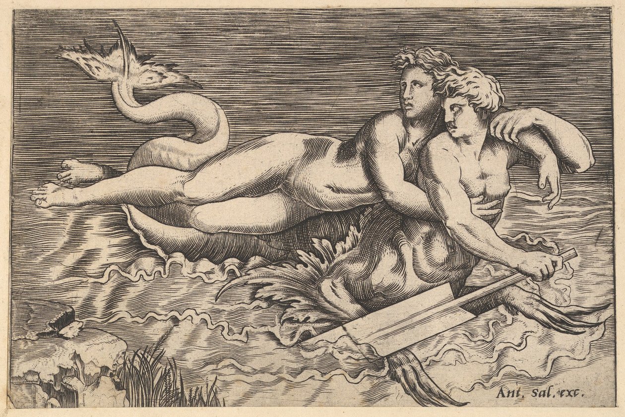 Roomalaisen loiston peili: Triton kantamassa nymfiä, 1500-luku. tekijältä Marco Dente