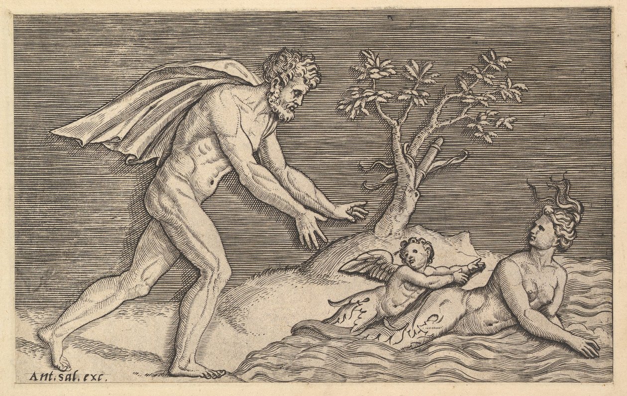 Roomalaisen loiston peili: Alaston mies jahtaamassa naidia, n. 1515-1527. tekijältä Marco Dente