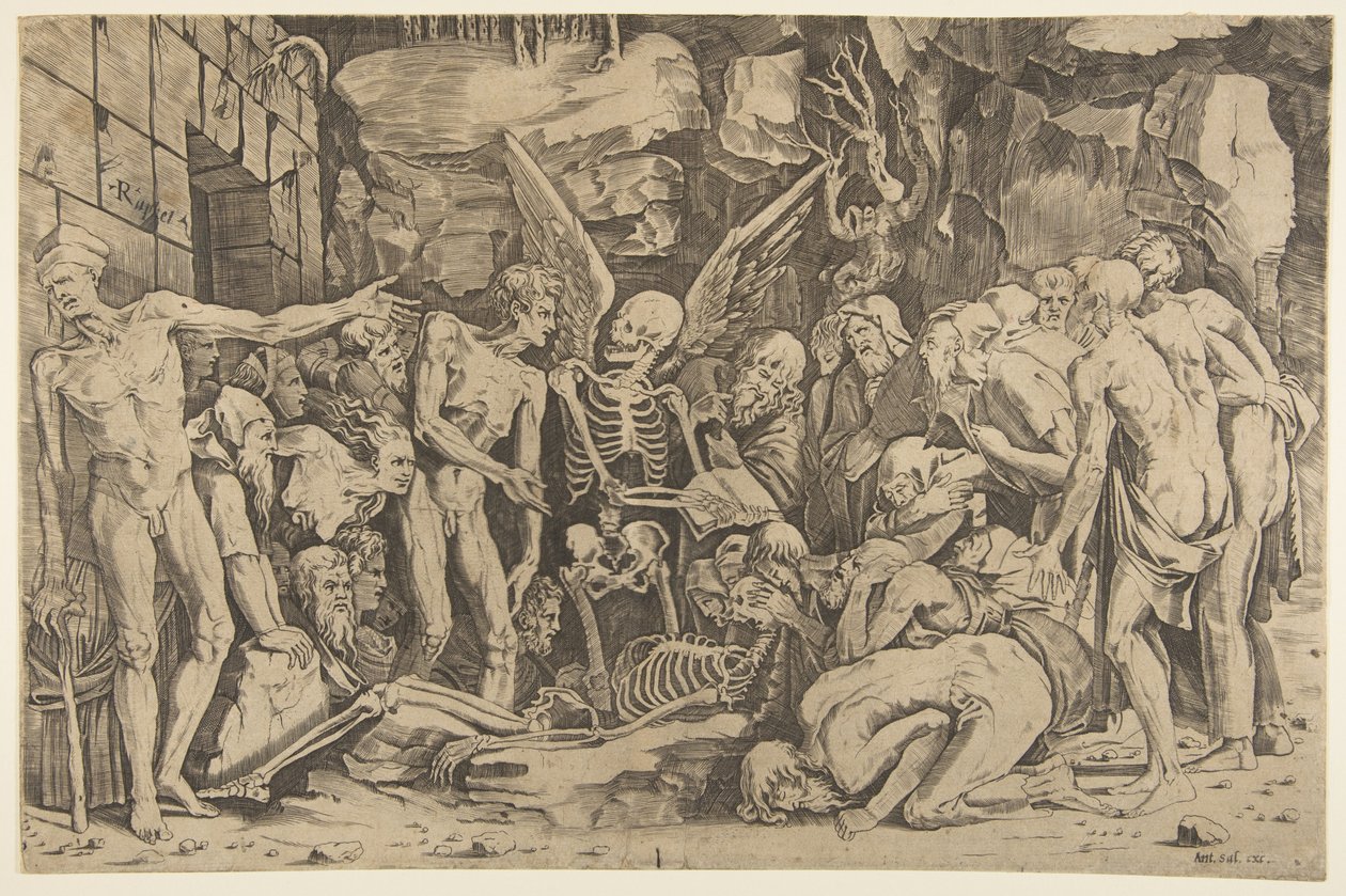 Luurangot, joukko laihtuneet miehet ja naiset kokoontuivat luurangon ympärille, joka oli laskettu..., 1515-27. tekijältä Marco Dente