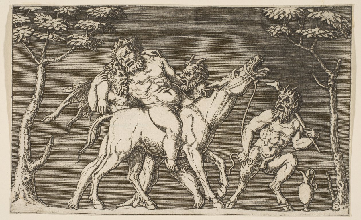 Kaksi satyyriä asettamassa Silenuksen räjähtävän muulin päälle ja kolmas satyyri oikealle, n. 1515-27. tekijältä Marco Dente