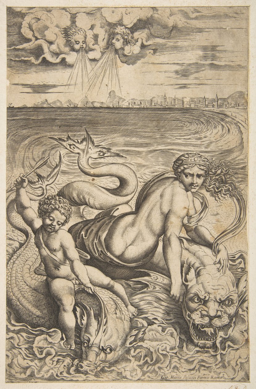 Venus ja Cupid ratsastavat kahdella merihirviöllä, Cupid nostaa nuolen oikeaan käteensä, t..., n. 1515-27. tekijältä Marco Dente